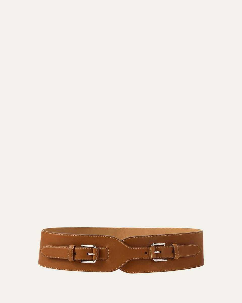 Double-Buckle Calfskin Wide Waist Belt